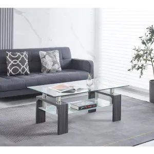 Măsuță de cafea Dalila, blat din sticlă securizată și cadru MDF, design modern, 110x60x45 cm, gri