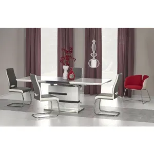 Masă Monaco extensibilă, MDF lucios și laminat, oțel inoxidabil, 160-220x90x76 cm, alb/gri