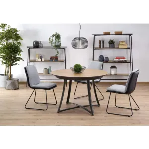Masă Moretti extensibilă rotundă, MDF laminat și lucios, oțel mat, 118-148x118x76 cm, stejar auriu/gri antracit