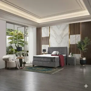 Pat + Saltea gratis Wooly, gri - 160x200 cm, ladă depozitare, design modern, topper inclus, structură metal + lemn + PAL, tapițerie stofă premium