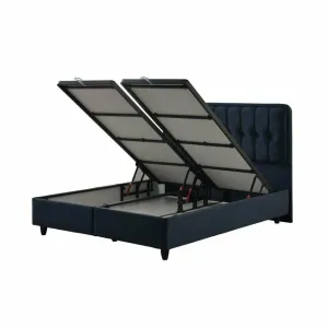 Pat Ortaca, dark blue - 160/200 cu somiera rabatabila, lada de depozitare si tesatura premium