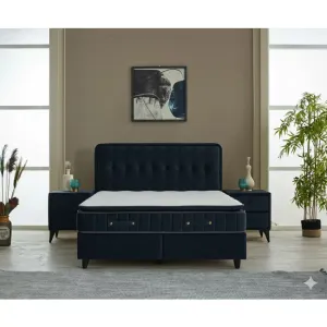 Pat + Saltea gratis Ortaca, dark blue MK 2112- 160/200 cu somiera rabatabila, lada de depozitare si tesatura premium