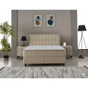 Pat + Saltea gratis Ortaca, crem MK2111 BEIGE- 160/200 cu somiera rabatabila, lada de depozitare si tesatura premium