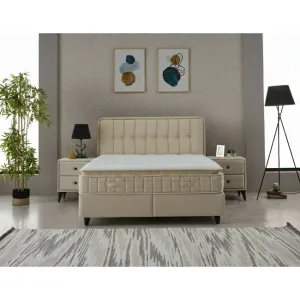 Pat + Saltea gratis Ortaca,  MK2111 BEIGE - 140/200 cu somiera rabatabila, lada de depozitare si tesatura premium