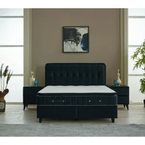 Pat + Saltea gratis Ortaca, dark blue MK 2112- 140/200 cu somiera rabatabila, lada de depozitare si tesatura premium