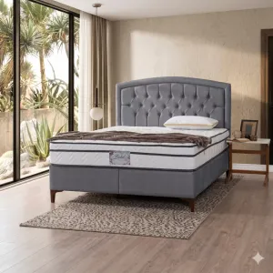 Pat + Saltea gratis Belek, gri deschis - 140x200 cm, structură solidă, saltea inclusă, design modern
