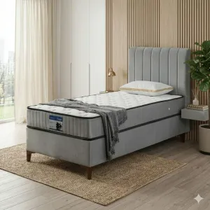 Pat + Saltea gratis Carla, gri - 100x200 cm, design minimalist, capitonare elegantă, structură rezistentă