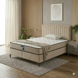 Pat +Saltea gratis Carla, bej - 140x200 cm, design modern, capitonare elegantă, structură robustă, țesătură respirabilă