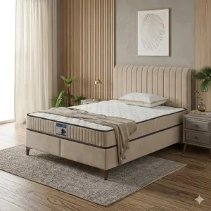 Pat +Saltea gratis Carla, bej - 160x200 cm, design modern, capitonare elegantă, structură robustă, țesătură respirabilă