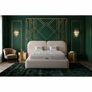 Pat +Saltea Gratis tapițat Opios 140x200 cm crem cu somieră rabatabilă si  ladă depozitare
