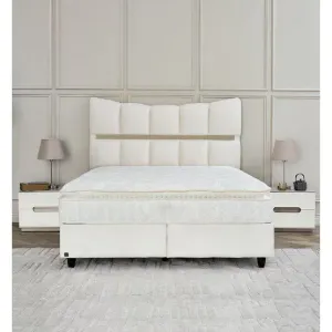 Pat Tapițat + Saltea Gratis Extra Comfort, bej MK-2713- 160x200 cm, somieră rabatabilă, spațiu depozitare