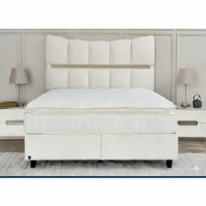 Pat Tapițat + Saltea Gratis Extra Comfort, bej MK-2713- 180x200 cm, somieră rabatabilă, spațiu depozitare