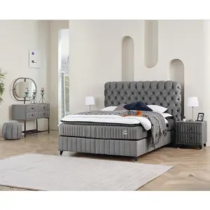 Pat Tapițat + Saltea gratis, Fluffy, gri UC1201-140x200 cm, somieră rabatabilă și ladă depozitare