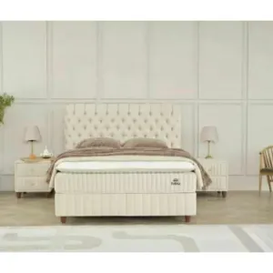 Pat Tapițat + Saltea gratis, Fluffy, bej UC1195 - 140x200 cm, somieră rabatabilă și ladă depozitare