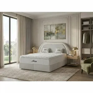 Pat tapițat cu Saltea Gratis,  Anna 200x200 cm crem cu somieră rabatabilă, ladă depozitare
