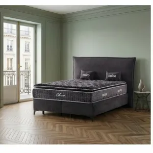 Pat tapițat cu Saltea Gratis,  Chico 180x200 cm gri cu somieră rabatabilă, ladă depozitare