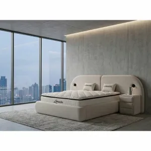 Pat tapițat cu Saltea Gratis,  Lemaire 140x200 cm crem cu somieră rabatabilă si ladă depozitare inclusă