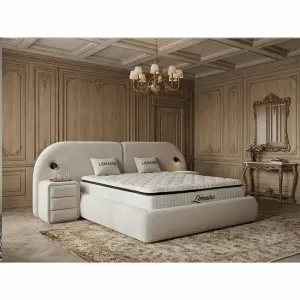 Pat tapițat cu Saltea Gratis,  Lemaire 180x200 cm crem cu somieră rabatabilă si ladă depozitare inclusă