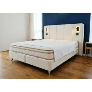 Pat tapițat cu Saltea Gratis Oxford 160x200 cm Bej cu somieră rabatabilă, ladă depozitare
