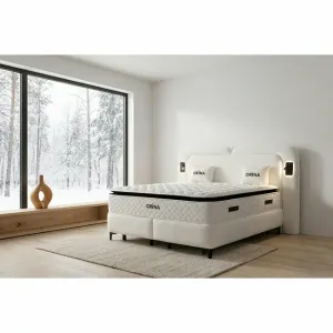 Pat tapițat Orina -140x200 cm, crem Erato 01 cu somieră rabatabilă si  ladă depozitare