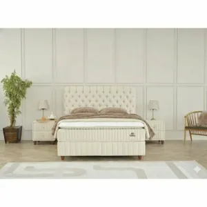 Pat Tapițat + Saltea gratis, Fluffy, bej -160x200 cm, somieră rabatabilă și ladă depozitare