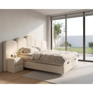 Pat Tapițat + Saltea gratis Mirror 160x200 cm  somieră rabatabilă și ladă depozitare crem