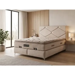 Pat Tapițat + Saltea gratis Natural 160x200 cm  somieră rabatabilă și ladă depozitare crem