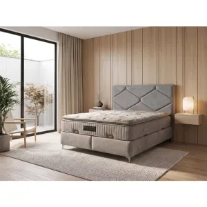 Pat Tapițat + Saltea gratis Natural 160x200 cm  somieră rabatabilă și ladă depozitare gri