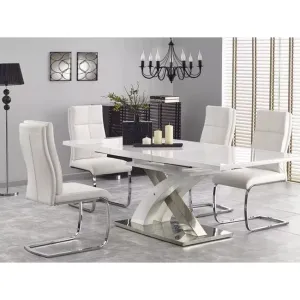 Masă Sandor 2 extensibilă, sticlă securizată, MDF lucios, oțel inoxidabil, 160-220x90x78 cm, alb