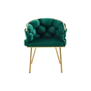 Scaun living tapițat COZY, catifea verde picioare metalice aurii