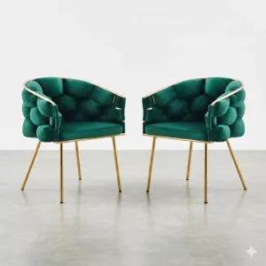 Set 2 Scaune living tapițat COZY, catifea verde picioare metalice aurii