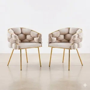 Set 2 Scaune living tapițate COZY, catifea bej, picioare metalice aurii