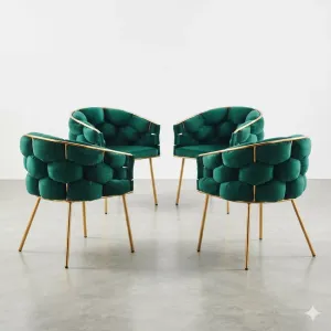 Set 4 Scaune living tapițat COZY, catifea verde picioare metalice aurii