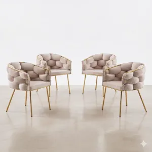 Set 4 Scaune living tapițate COZY, catifea bej, picioare metalice aurii