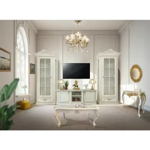 Set comodă și 2 vitrine Sonia, lemn masiv și MDF, spațiu depozitare generos, 182x61x64 cm, alb