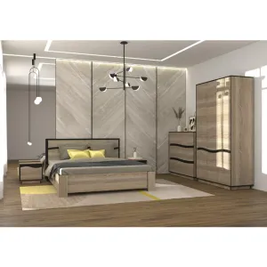 Set Dormitor Geneva, Cu Pat 160x200, Dulap 3 Uși, Comodă Și Noptiere, PAL Laminat, Sonoma Trufă/Wenge Magia