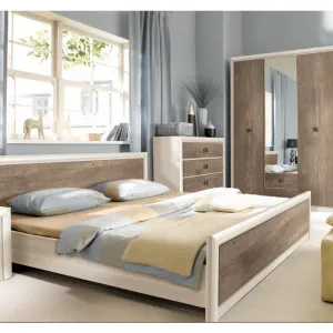 Set Dormitor Koen II, mobilier modular complet, pat 160x200 cm, dulap 4 uși, comodă și noptiere, MDF + PAL, Pin Arizona/Stejar Nava