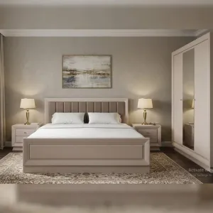 Set dormitor Largo 4 componente pat tapitat lux 160x200 cm, dulap 3 usi SZF3D, 2 noptiere KOM1S culoare cashmire