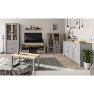 Set living Latour, vitrine, comodă TV și etajere incluse, PAL melaminat rezistent, design elegant, stejar/gri mat