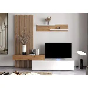 Set living Rebeca, design minimalist, compartimentare eficientă, PAL melaminat, 210 cm, stejar-alb