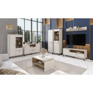 Set living Tirion, vitrine, comode și rafturi suspendate, PAL melaminat rezistent, design contemporan, 320x40x192 cm, finisaj stejar/gri