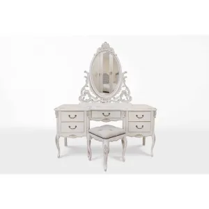 Set măsuță de toaletă + oglindă + taburet Milly, structură lemn masiv + PAL, design elegant, 160x55x80 cm, alb patinat