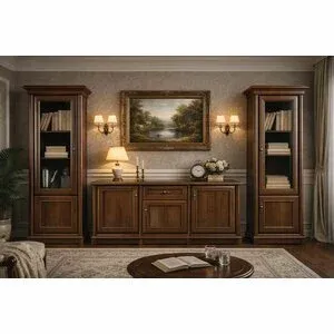 Set mobilă living Sonata, stil clasic, fronturi frezate, vitrine sticlă, PAL laminat + MDF, 295x45x205 cm