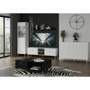 Set Mobilier Living Piano, Accente Aurii: Vitrină, Comodă și Comodă TV