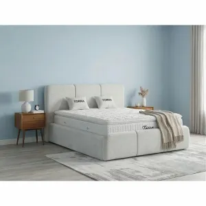 Set pat + Saltea Gratis tapițat Torra 140x200 cm crem cu somieră rabatabilă si  ladă depozitare