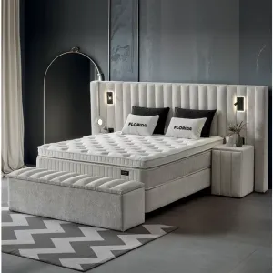 Set Pat + Saltea Gratis Florida Cu LED și Lada Depozitare, Stofă Symphony Pearl, 160x200 cm, Bej