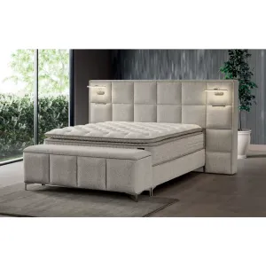 Set Pat + Saltea  GRATIS I Sleep Cu LED, Lada Depozitare, Stofă Antology, 180x200 cm, Crem
