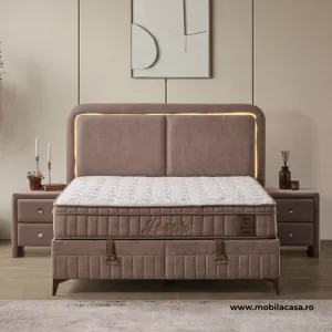 Set Pat + Saltea Gratis Jasmine 160x200 cm cu LED, Lada de Depozitare, Rabatabil,Taupe