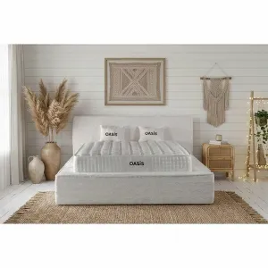 Set pat + Saltea Gratis ,tapițat OASIS 200x200 cm crem cu somieră rabatabilă si  ladă depozitare