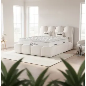 Set pat + Saltea Gratis tapițat Shakira 140x200 cm crem ERATO 01 cu somieră rabatabilă si ladă depozitare